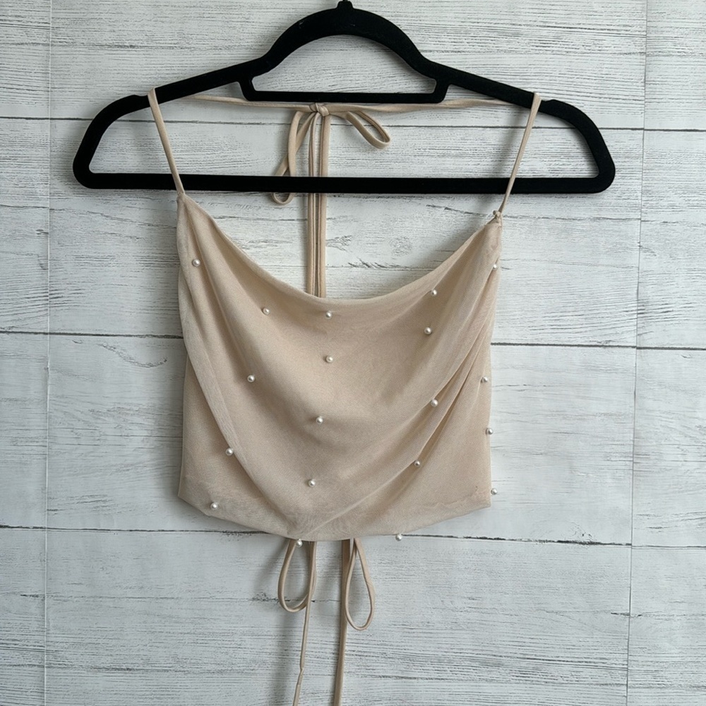 MistyRose Sheer Pearl Studs Open Back Crop Top | SIZE S